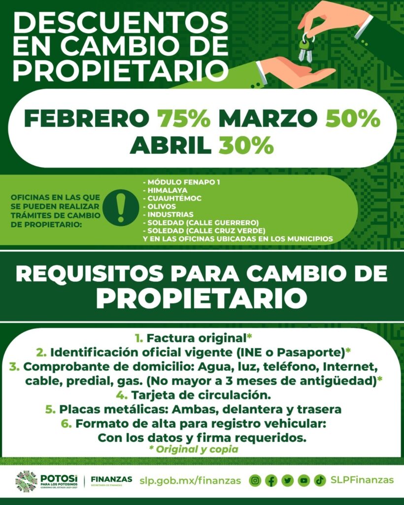 SEFIN LLAMA A APROVECHAR EN FEBRERO 75 POR CIENTO DE DESCUENTO EN CAMBIO DE PROPIETARIO DE VEHÍCULOS