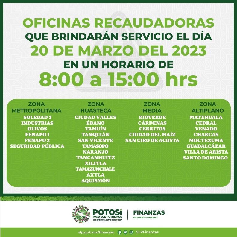 OFICINAS RECAUDADORAS BRINDARÁN SERVICIO EL PRÓXIMO LUNES 20 DE MARZO