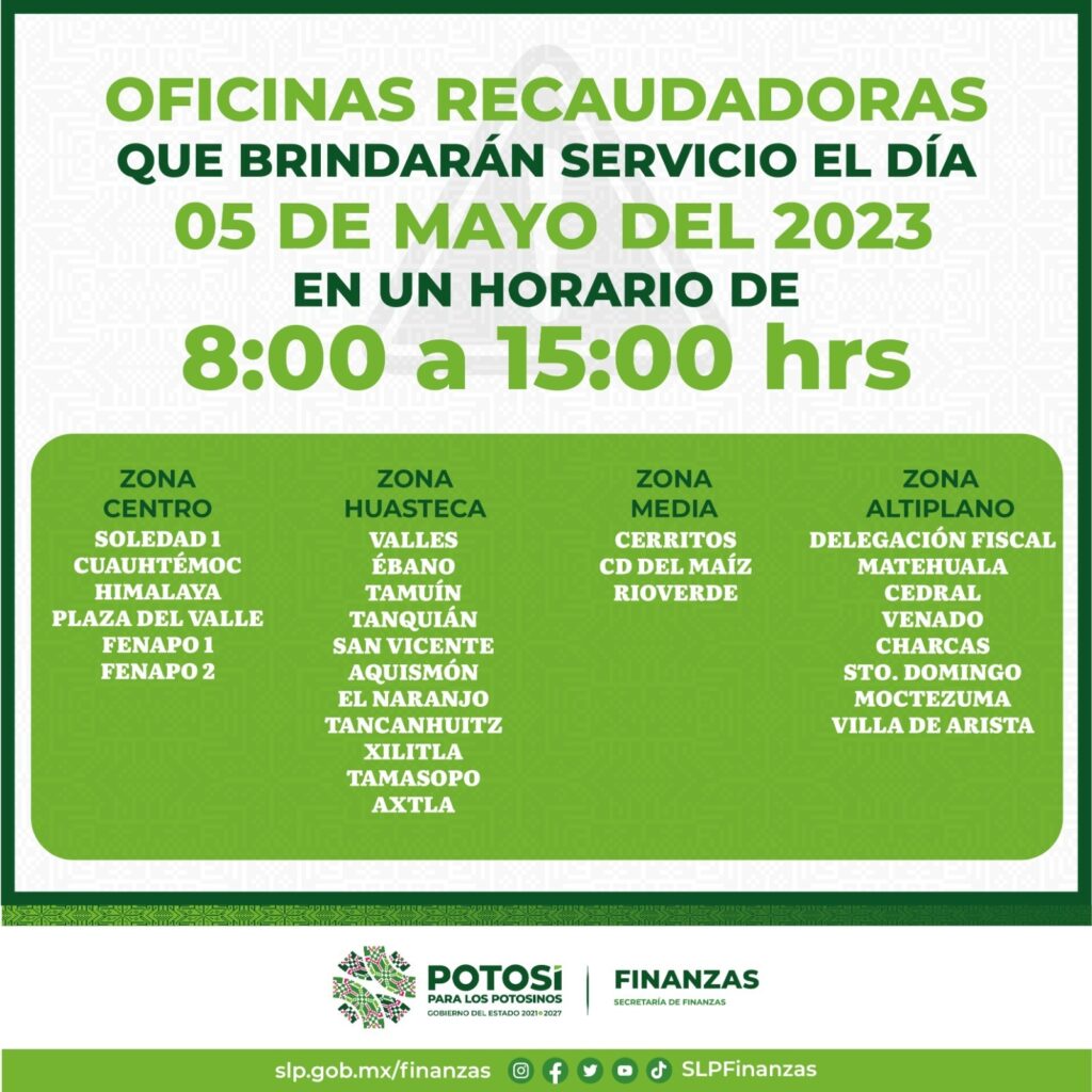 OFICINAS RECAUDADORAS BRINDARÁN SERVICIO EL CINCO DE MAYO: SEFIN